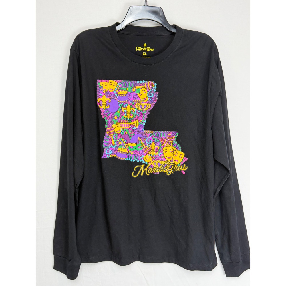 Mardi Gras Mens Cotton Blend Shirt XL Black Louisiana Graphic Long Sleeve Tee